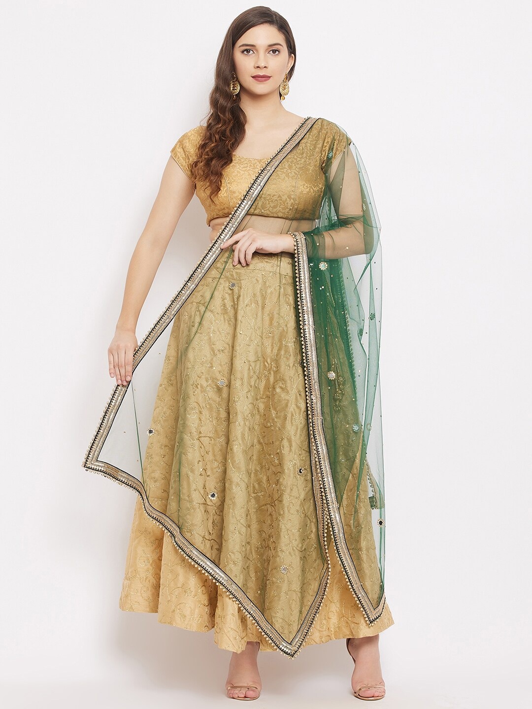 

Clora Creation Green & Silver-Toned Ethnic Motifs Embroidered Dupatta with Beads and Stones