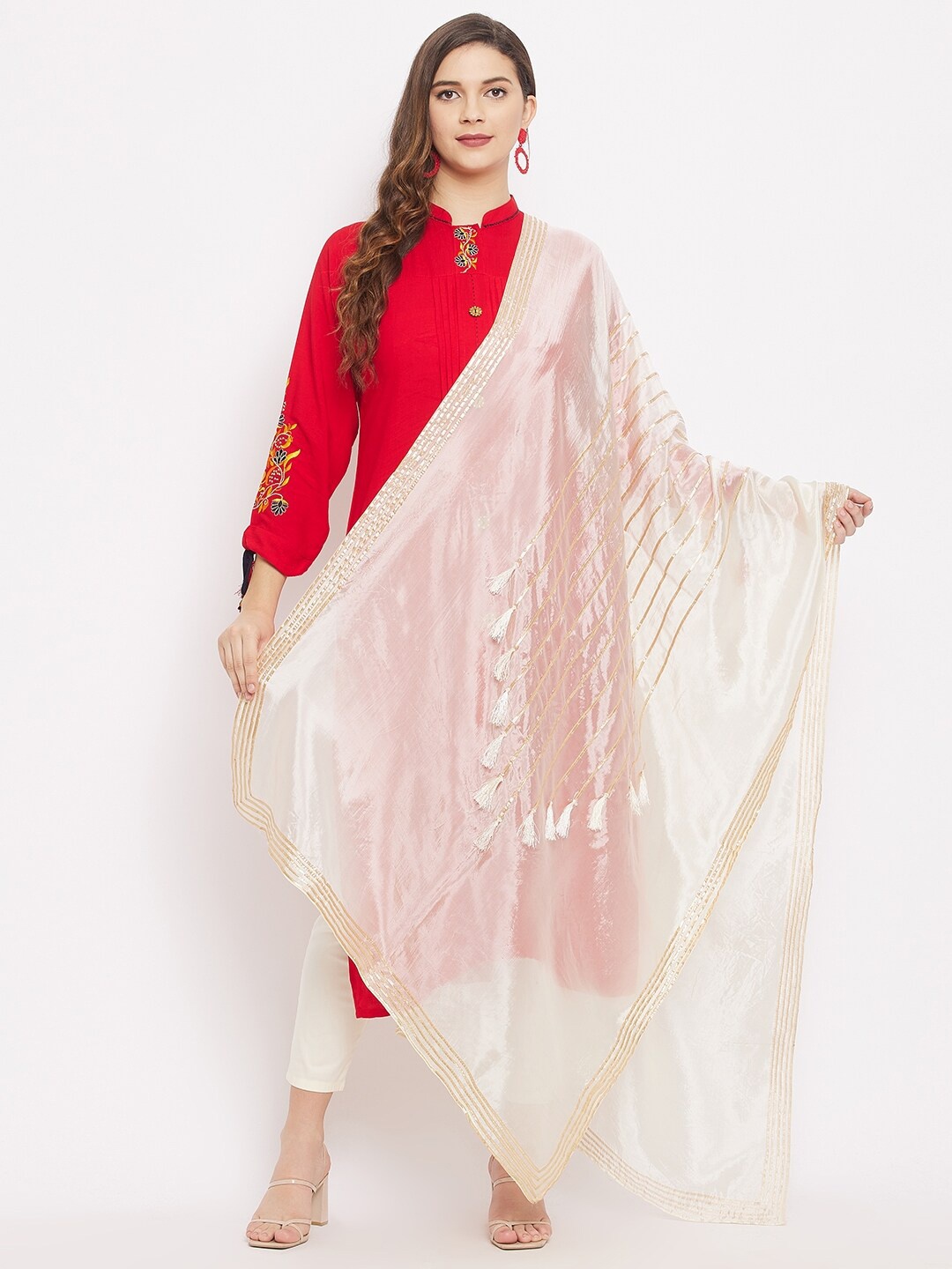 

Clora Creation Cream-Coloured & Gold-Toned Embroidered Dupatta with Gotta Patti