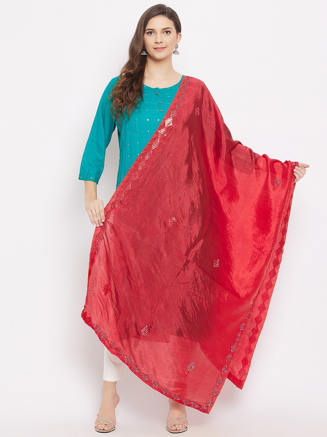 

Clora Creation Red & Gold-Toned Ethnic Motifs Embroidered Dupatta with Mirror Work