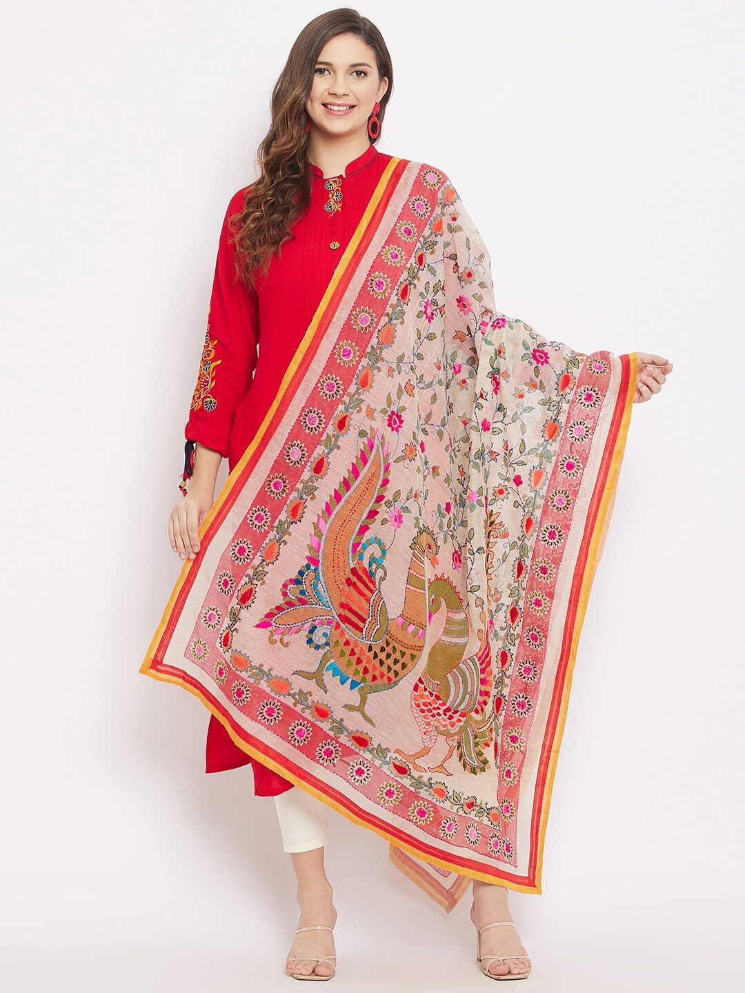 

Clora Creation White & Pink Embroidered Dupatta with Kantha Work