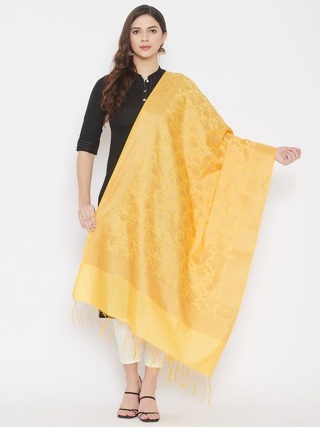 

Clora Creation Yellow & Gold-Toned Ethnic Motifs Woven Design Dupatta with Zari