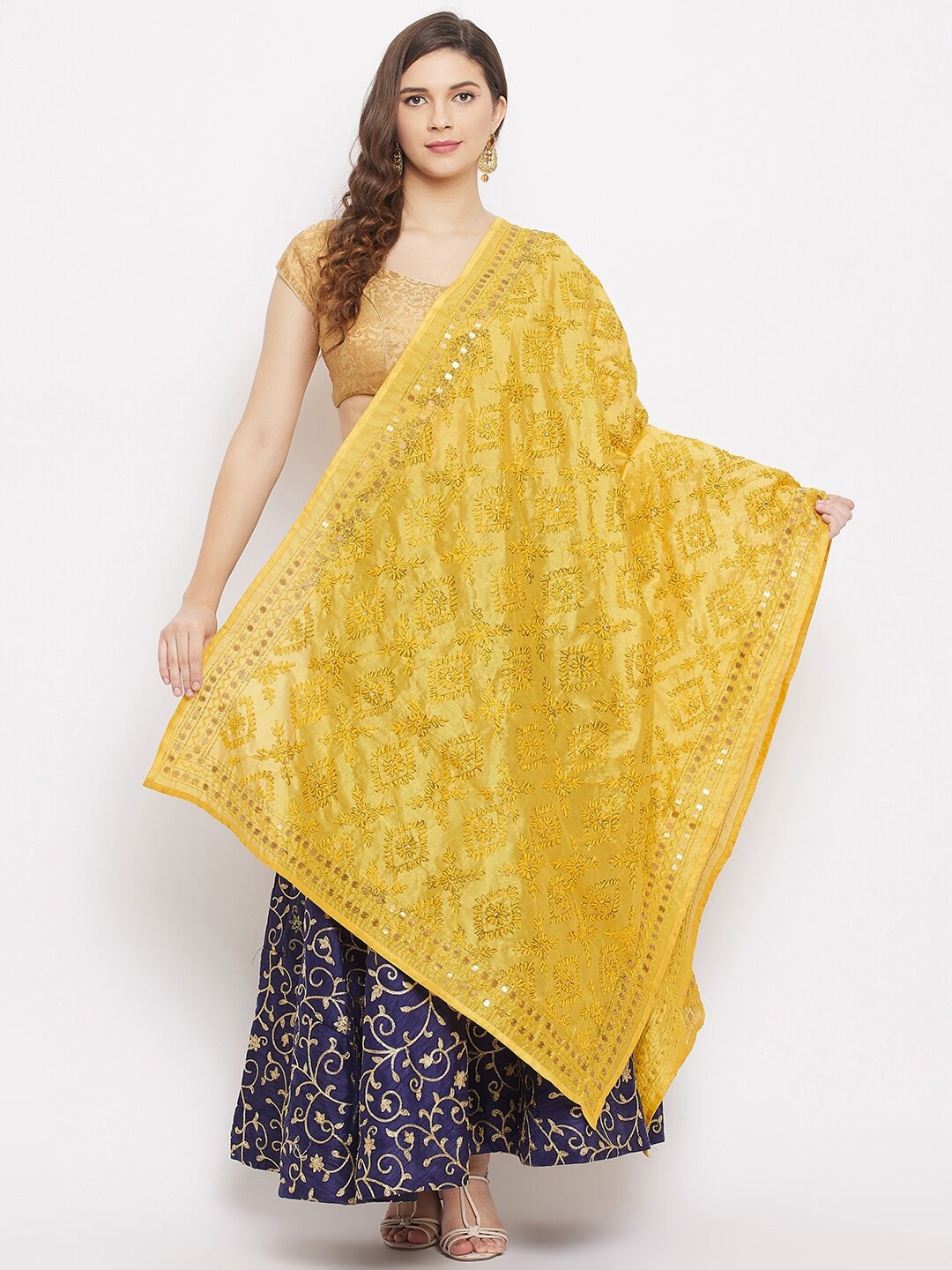 

Clora Creation Yellow & Gold-Toned Embroidered Cotton Silk Dupatta with Kantha Work
