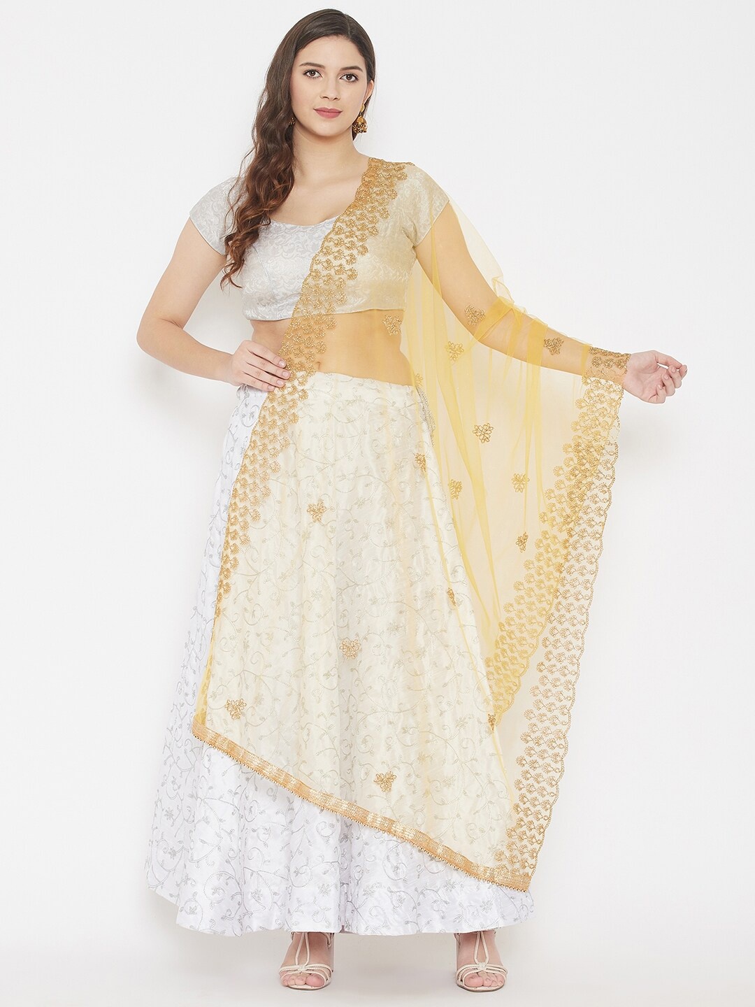

Clora Creation Yellow & White Ethnic Motifs Embroidered Dupatta with Thread Work
