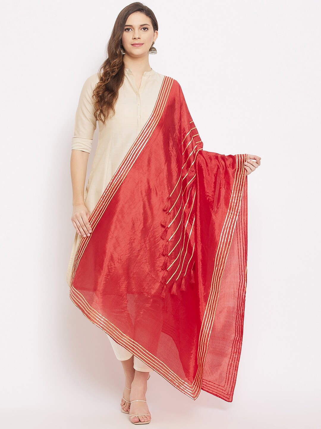 

Clora Creation Red Striped Dupatta with Gotta Patti