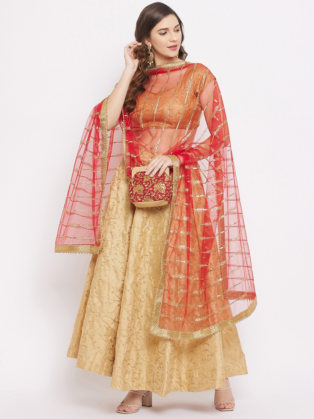 

Clora Creation Red & Gold-Toned Ethnic Motifs Embroidered Dupatta with Sequinned