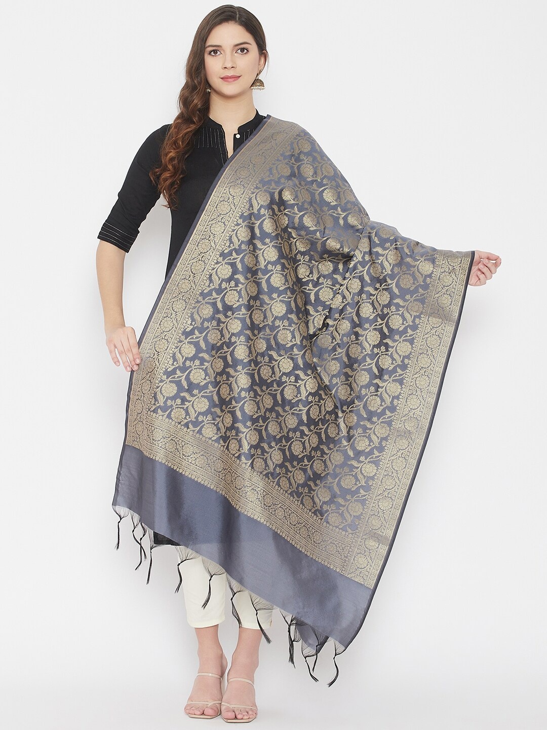 

Clora Creation Grey & Gold-Coloured Woven Design Banarasi Silk Blend Dupatta with Zari