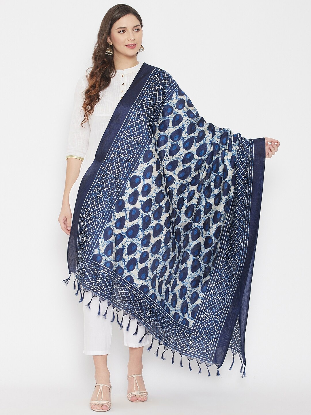 

Clora Creation Navy Blue & White Printed Dupatta
