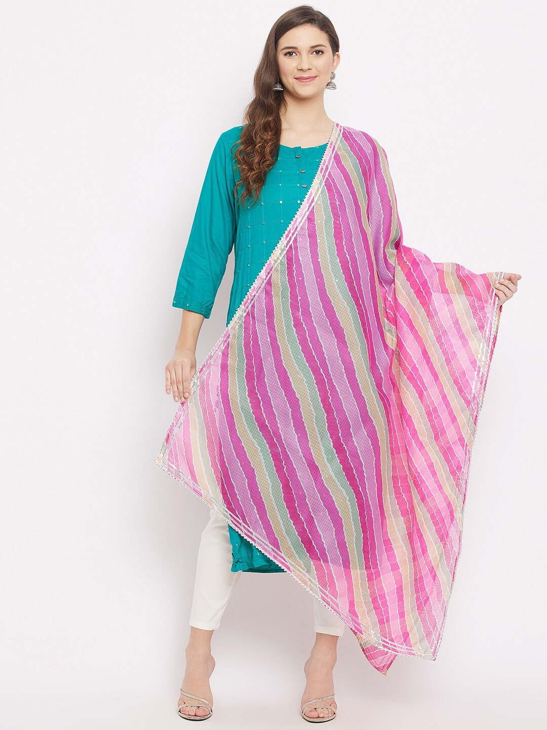 

Clora Creation Pink & Beige Leheriya Dyed Dupatta with Gotta Patti