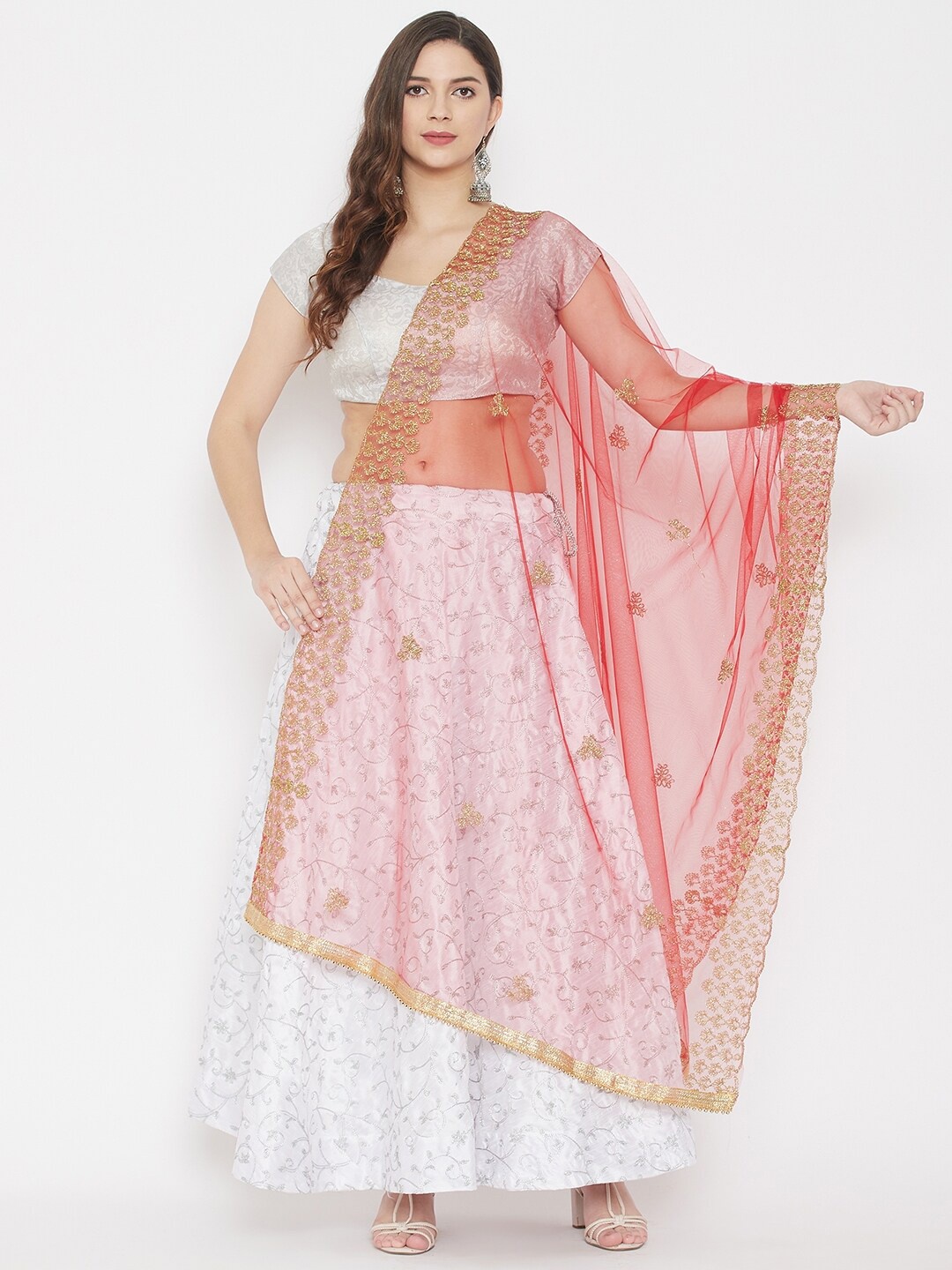 

Clora Creation Red & Gold-Toned Ethnic Motifs Embroidered Dupatta with Beads and Stones