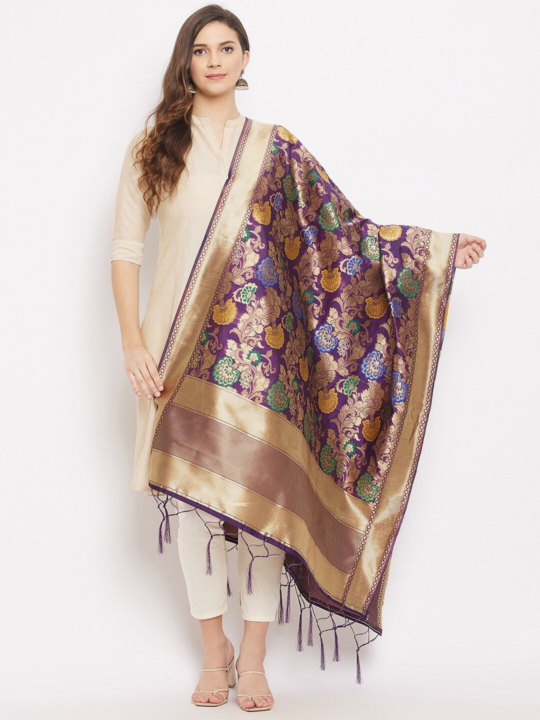 

Clora Creation Purple & Gold-Toned Woven Design Dupatta