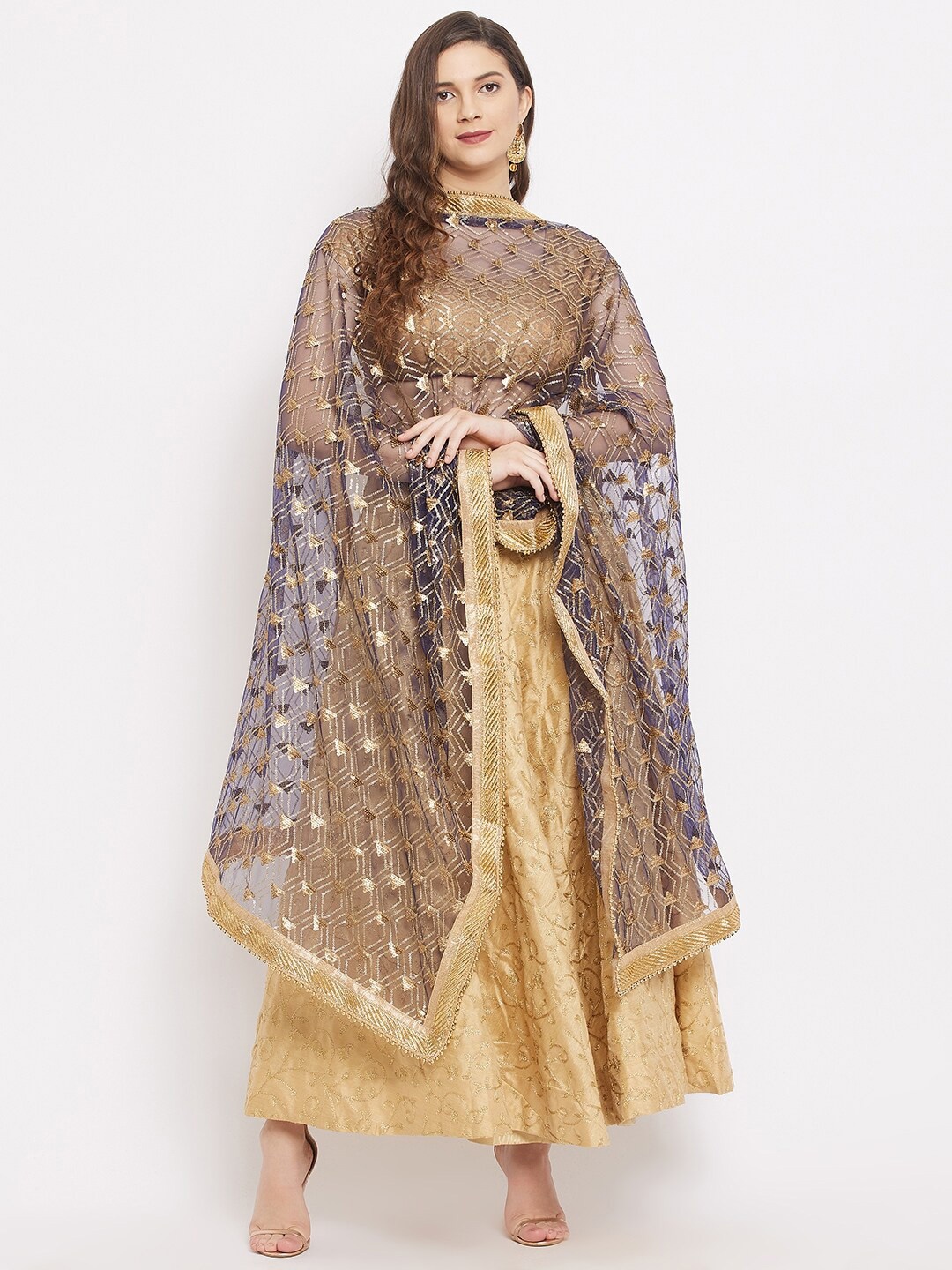 

Clora Creation Navy Blue & Gold-Toned Ethnic Motifs Embroidered Dupatta with Sequinned