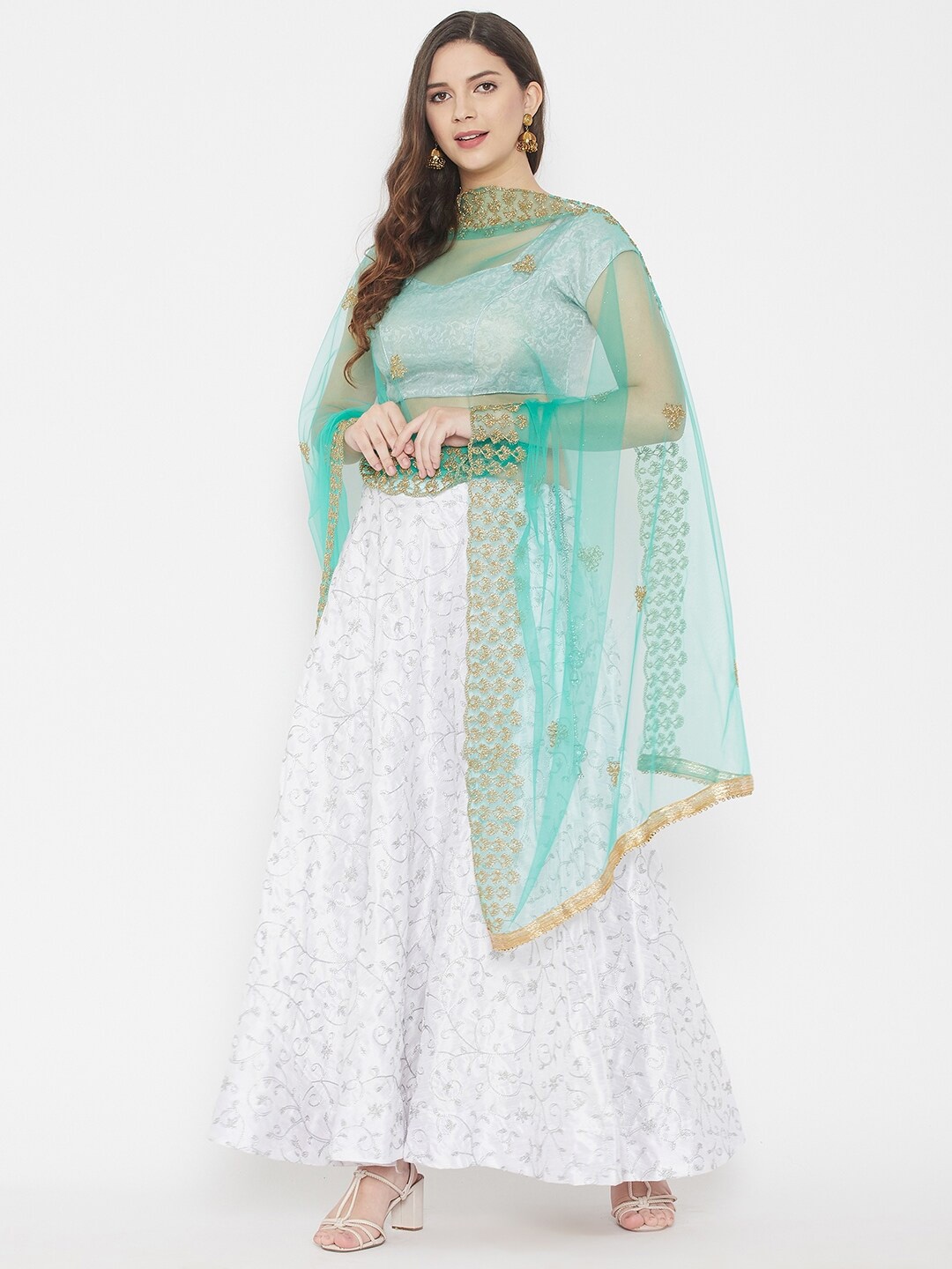 

Clora Creation Sea Green & Gold-Toned Ethnic Motifs Embroidered Dupatta with Beads and Stones