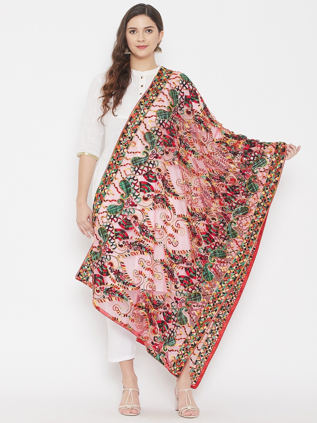 

Clora Creation Magenta & Green Ethnic Motifs Embroidered Dupatta with Thread Work