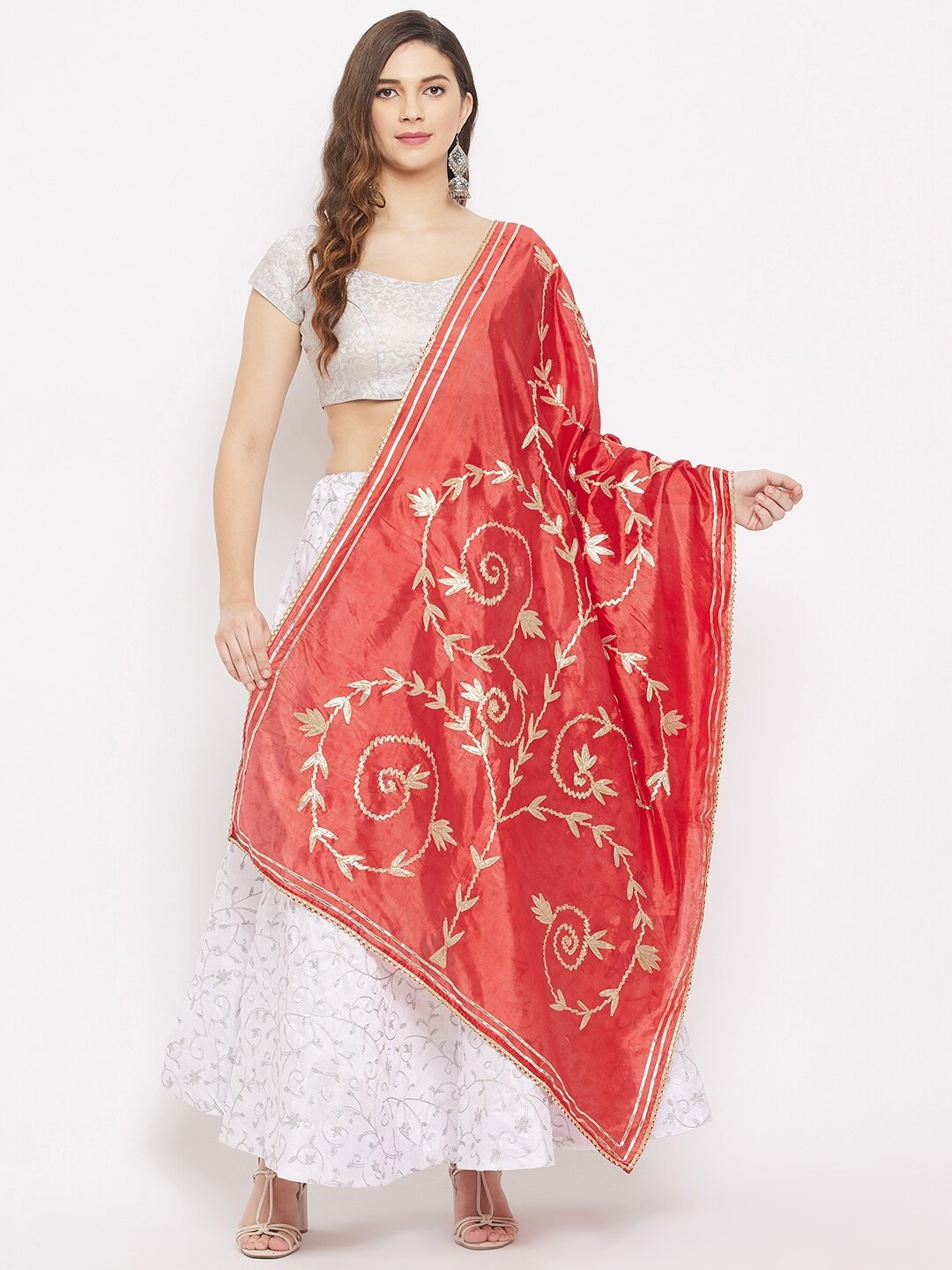 

Clora Creation Red & Gold-Toned Ethnic Motifs Embroidered Dupatta with Gotta Patti