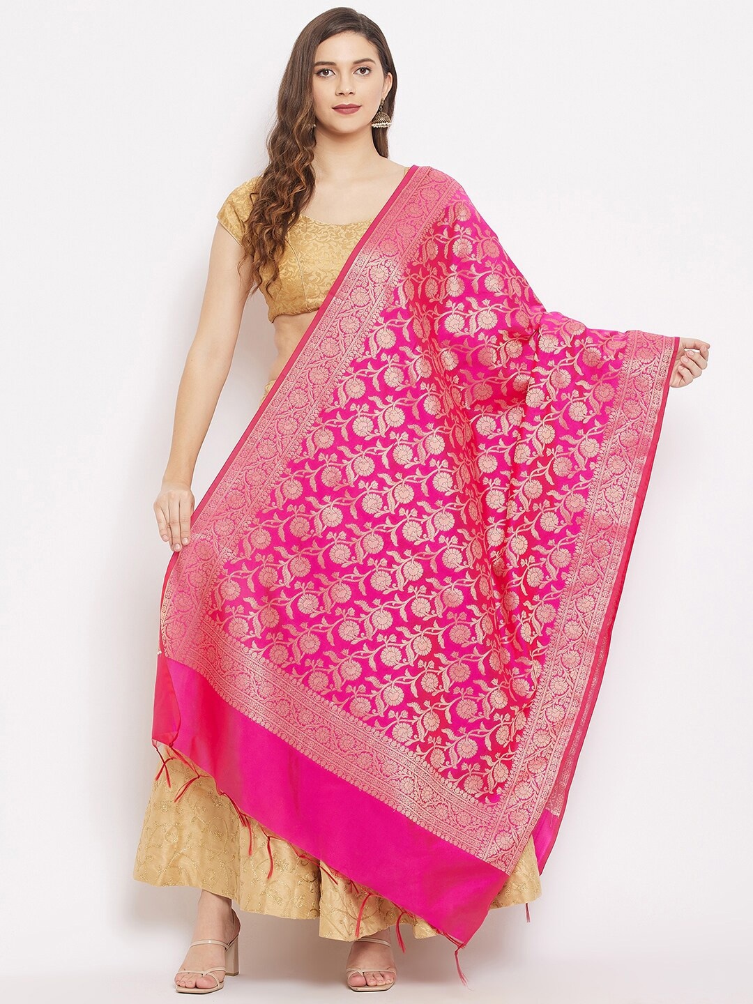 

Clora Creation Magenta & Gold-Toned Ethnic Motifs Woven Design Net Dupatta with Zari