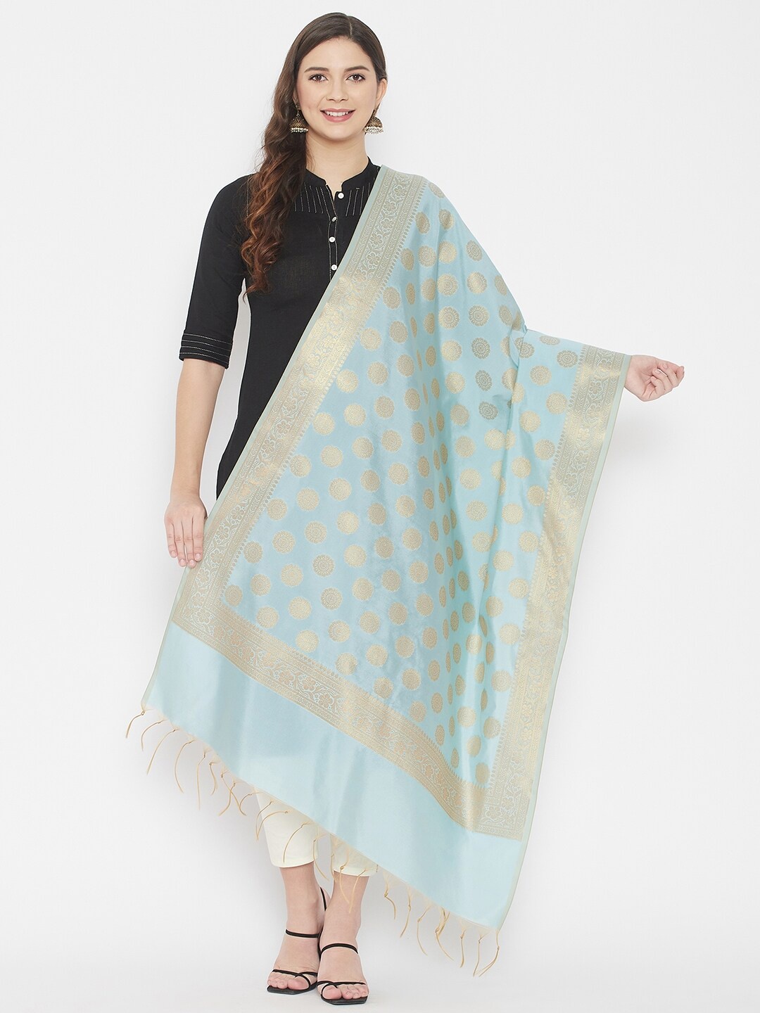 

Clora Creation Blue & Gold-Toned Woven Design Banarsi Silk Dupatta