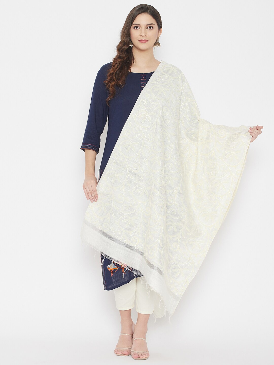 

Clora Creation Cream-Coloured & Beige Embroidered Cotton Silk Dupatta