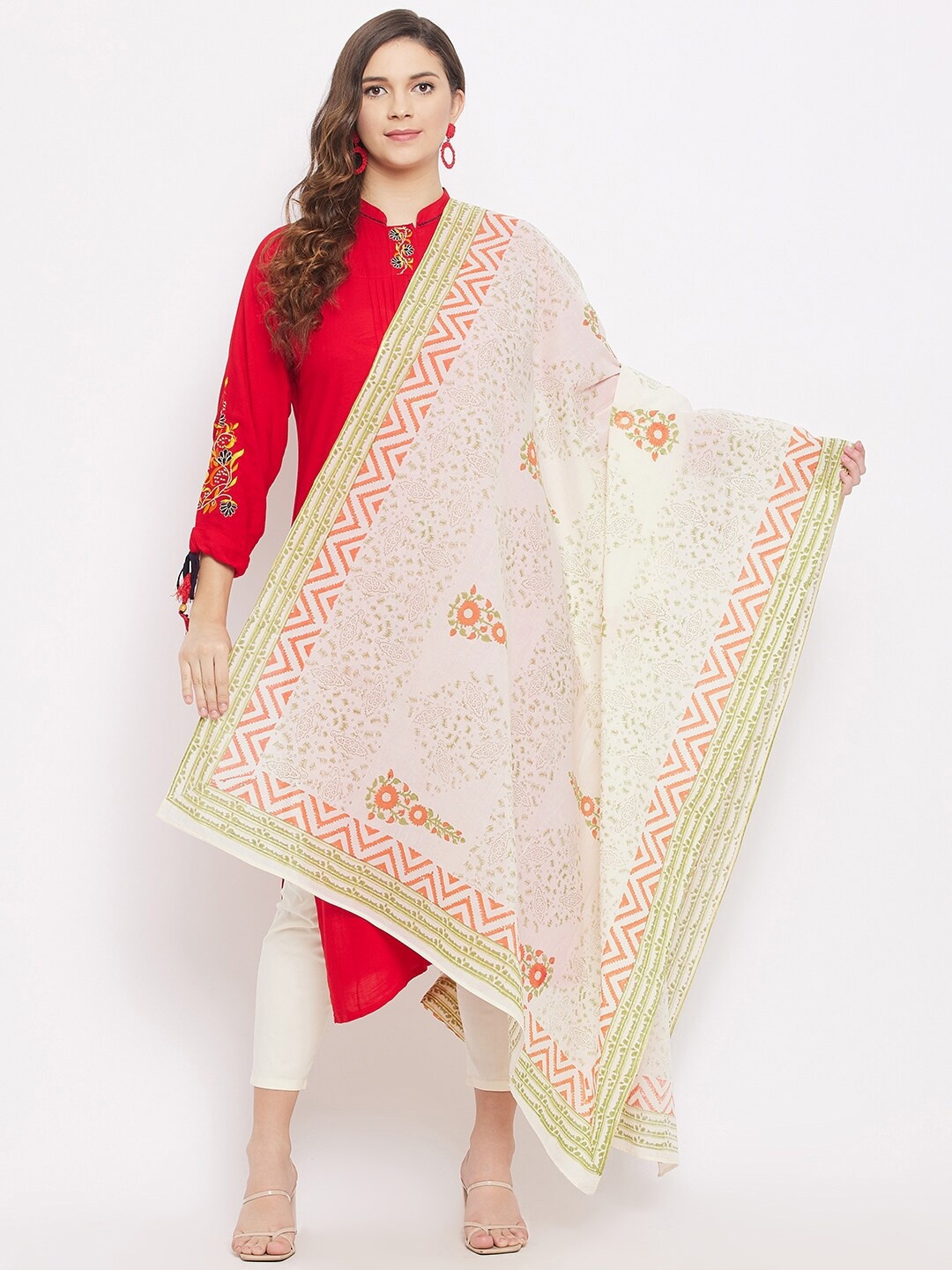 

Clora Creation Off White & Green Printed Pure Cotton Dupatta