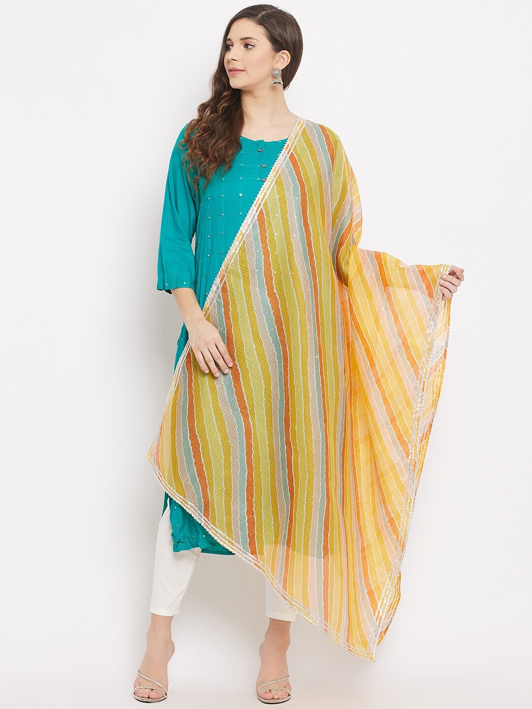 

Clora Creation Yellow & Orange Leheriya Dyed Dupatta with Gotta Patti