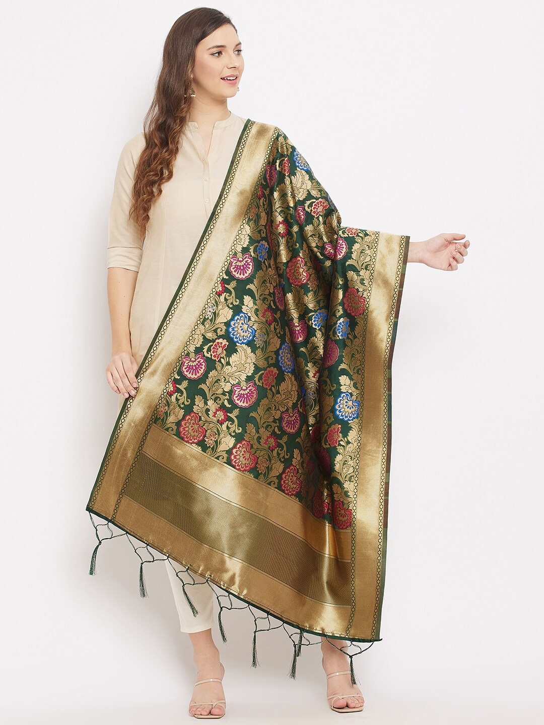 

Clora Creation Green & Gold-Toned Woven Design Dupatta with Zari