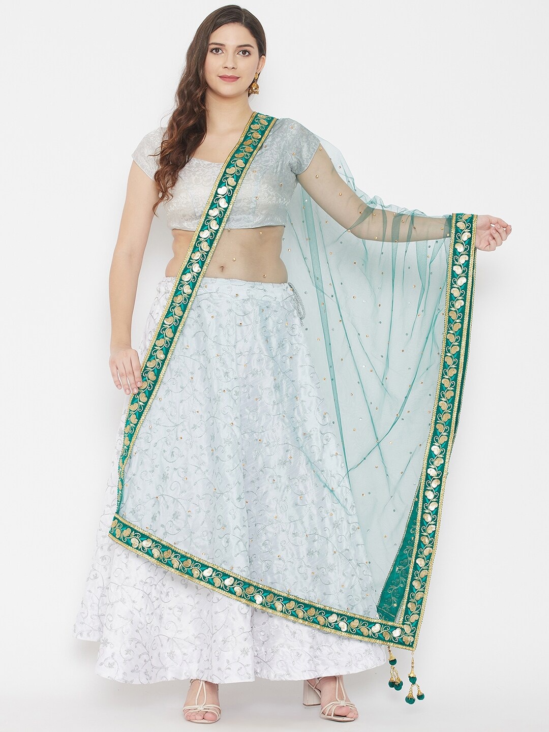 

Clora Creation Green & Gold-Toned Ethnic Motifs Embroidered Dupatta with Sequinned