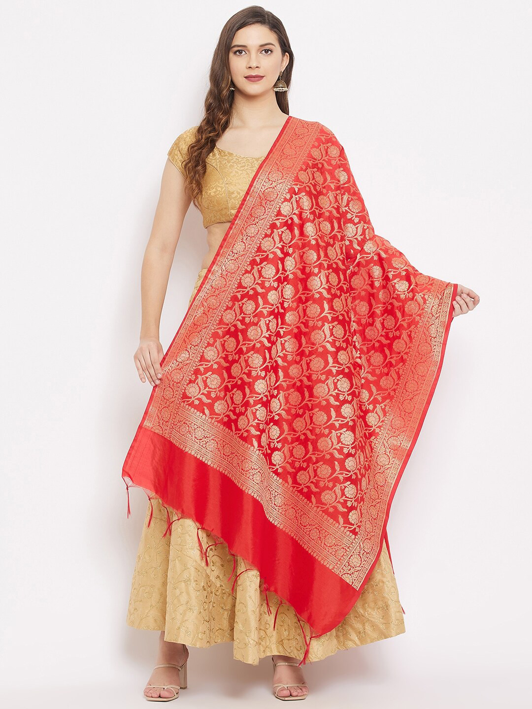 

Clora Creation Red & Gold-Toned Woven Design Banarsi Silk Dupatta