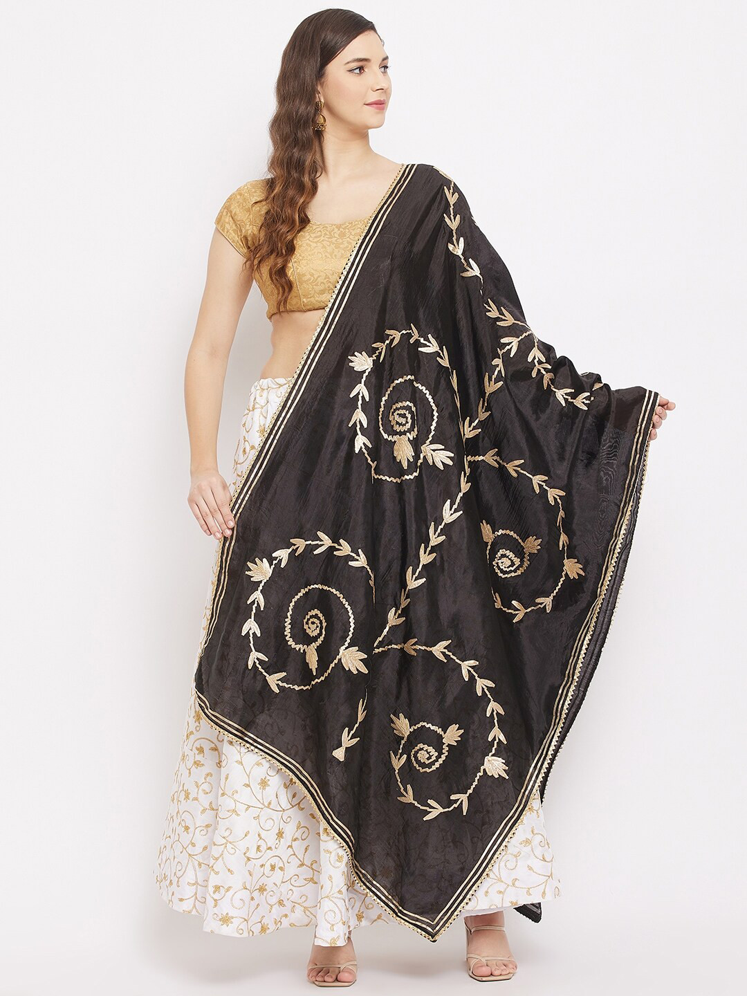 

Clora Creation Black & Gold-Toned Ethnic Motifs Embroidered Dupatta with Gotta Patti
