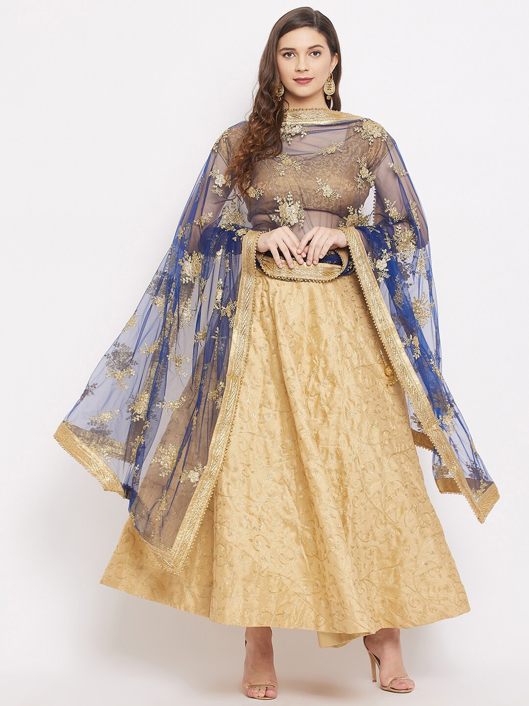 

Clora Creation Navy Blue & Gold-Toned Ethnic Motifs Embroidered Dupatta with Gotta Patti