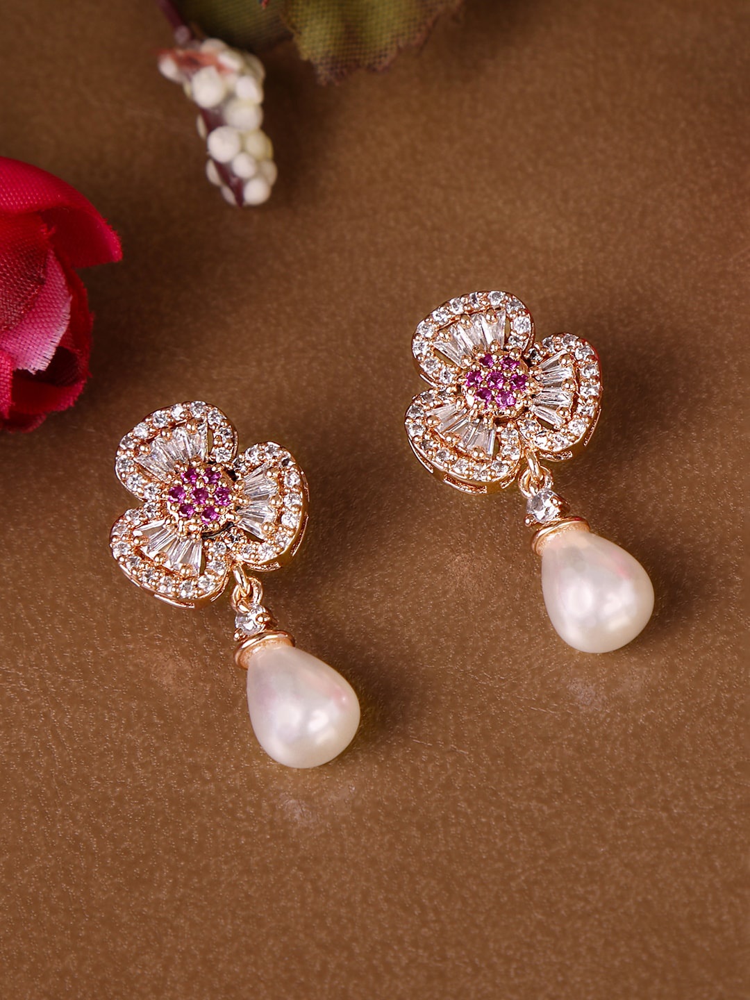

ZINU Rose Gold-Plated White & Pink Floral Drop Earrings
