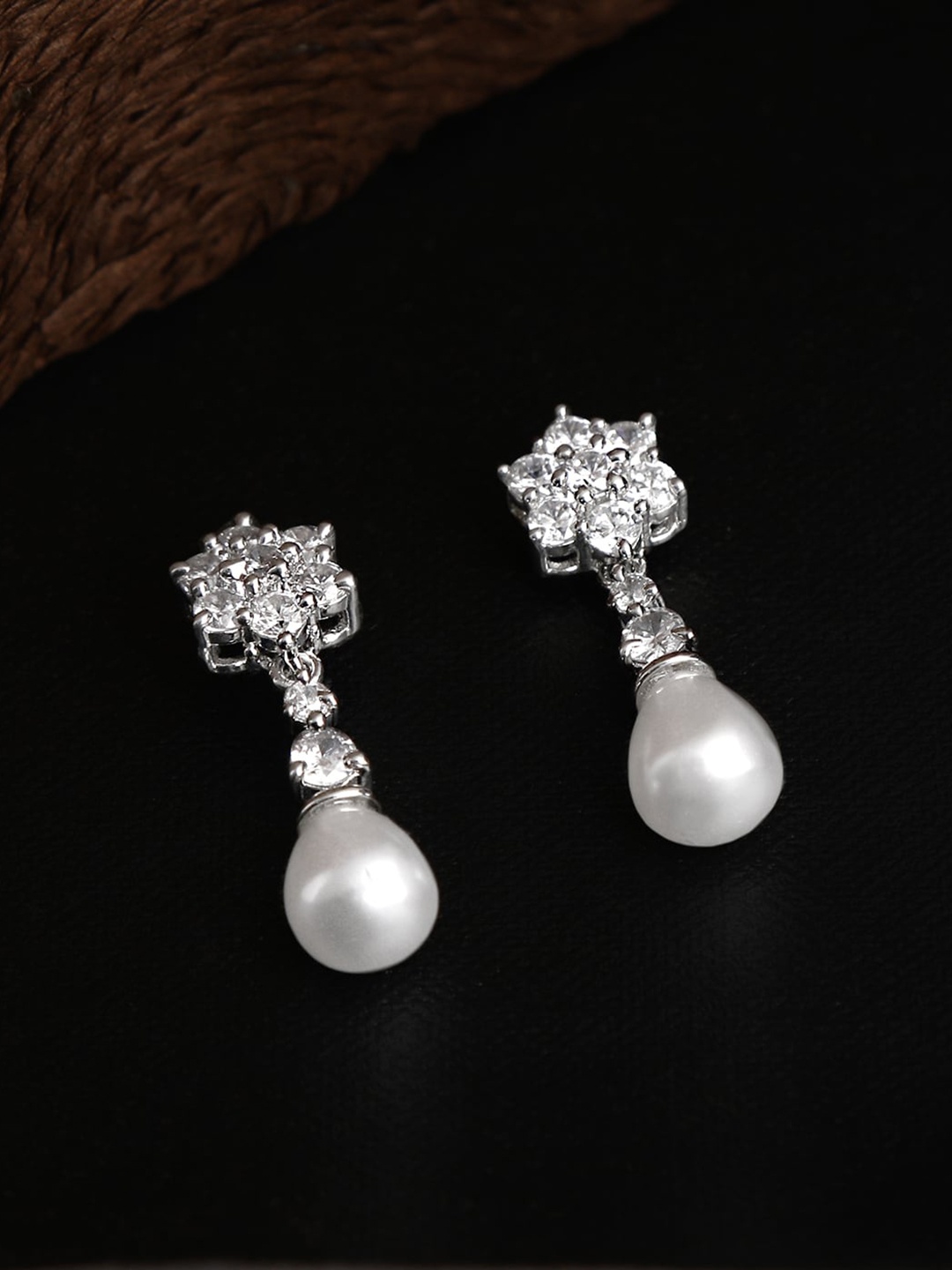

ZINU Rhodium-Plated Silver-Toned & White Floral Drop Earrings