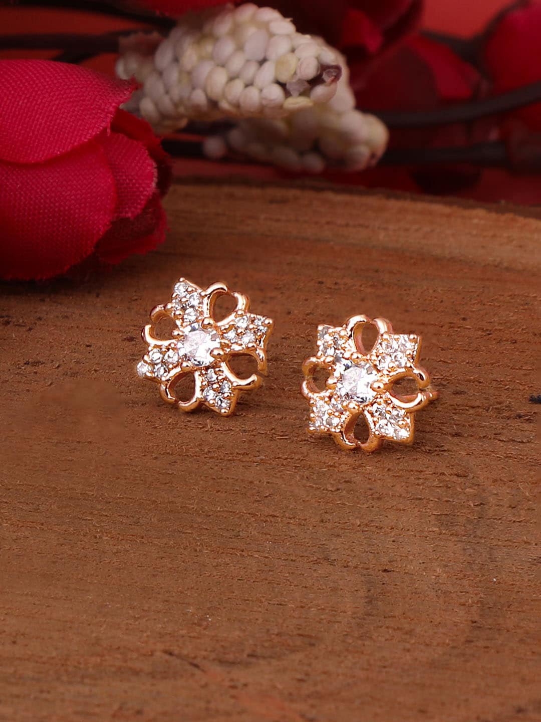 

ZINU Rose Gold-Plated & White Floral Studs Earrings