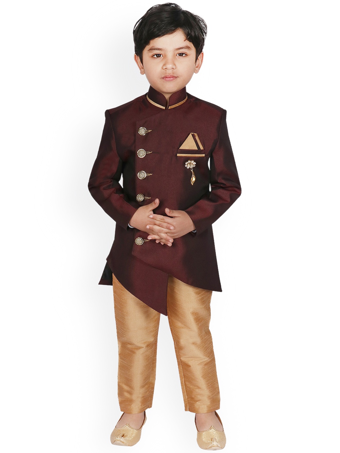 

SG YUVRAJ Boys Maroon & Gold-Toned Sherwani Set