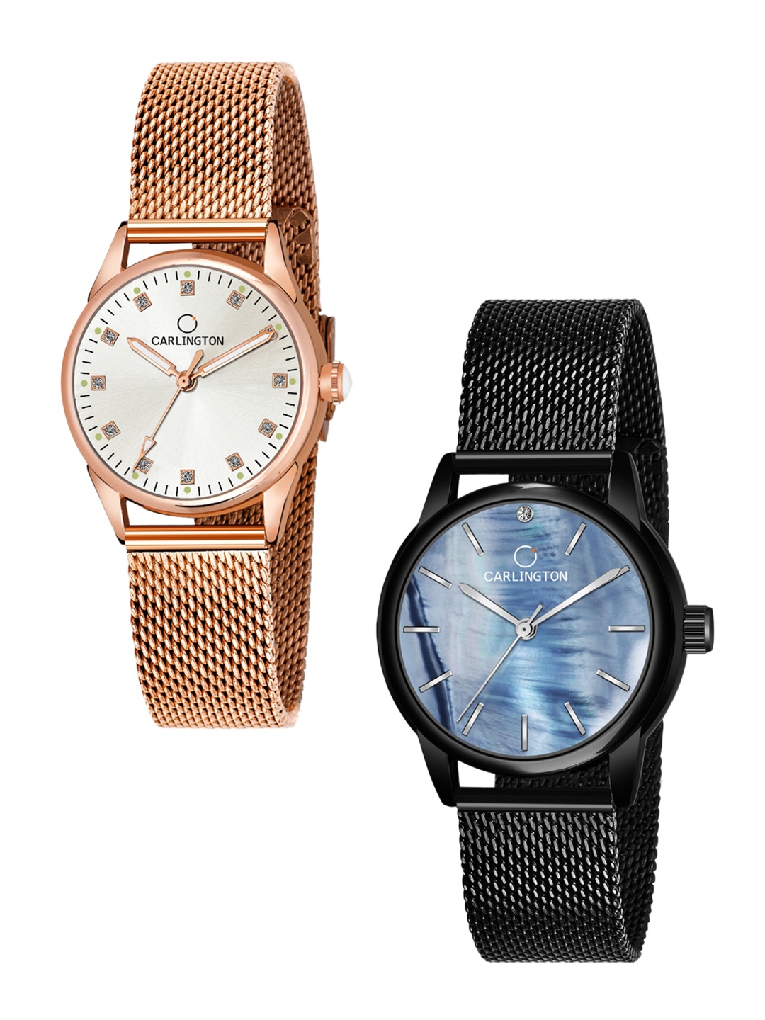 

CARLINGTON Women Pack Of 2 Bracelet Style Straps Analogue Watch, Rose gold