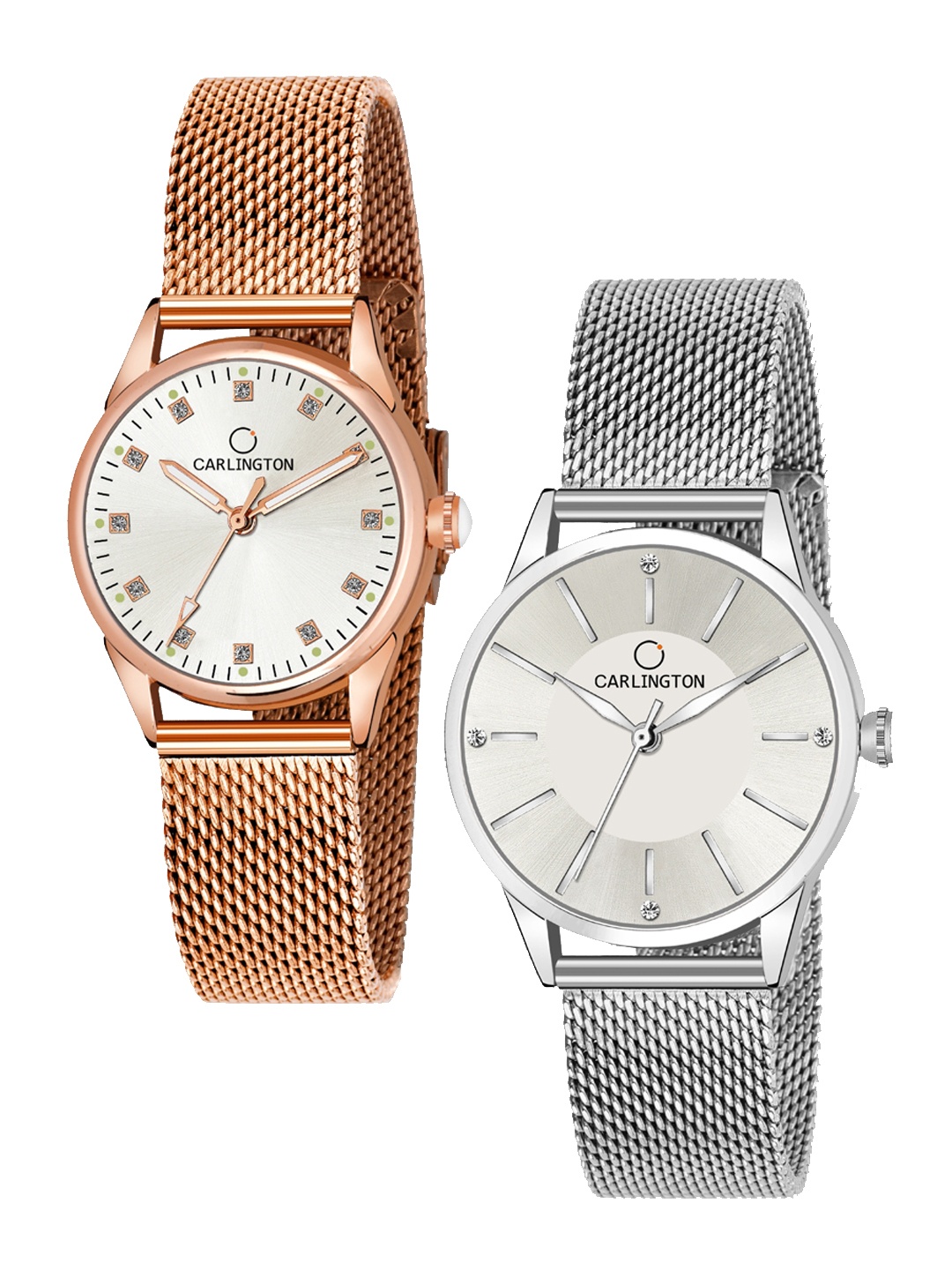 

CARLINGTON Women Pack Of 2 Bracelet Style Straps Analogue Watch, Rose gold