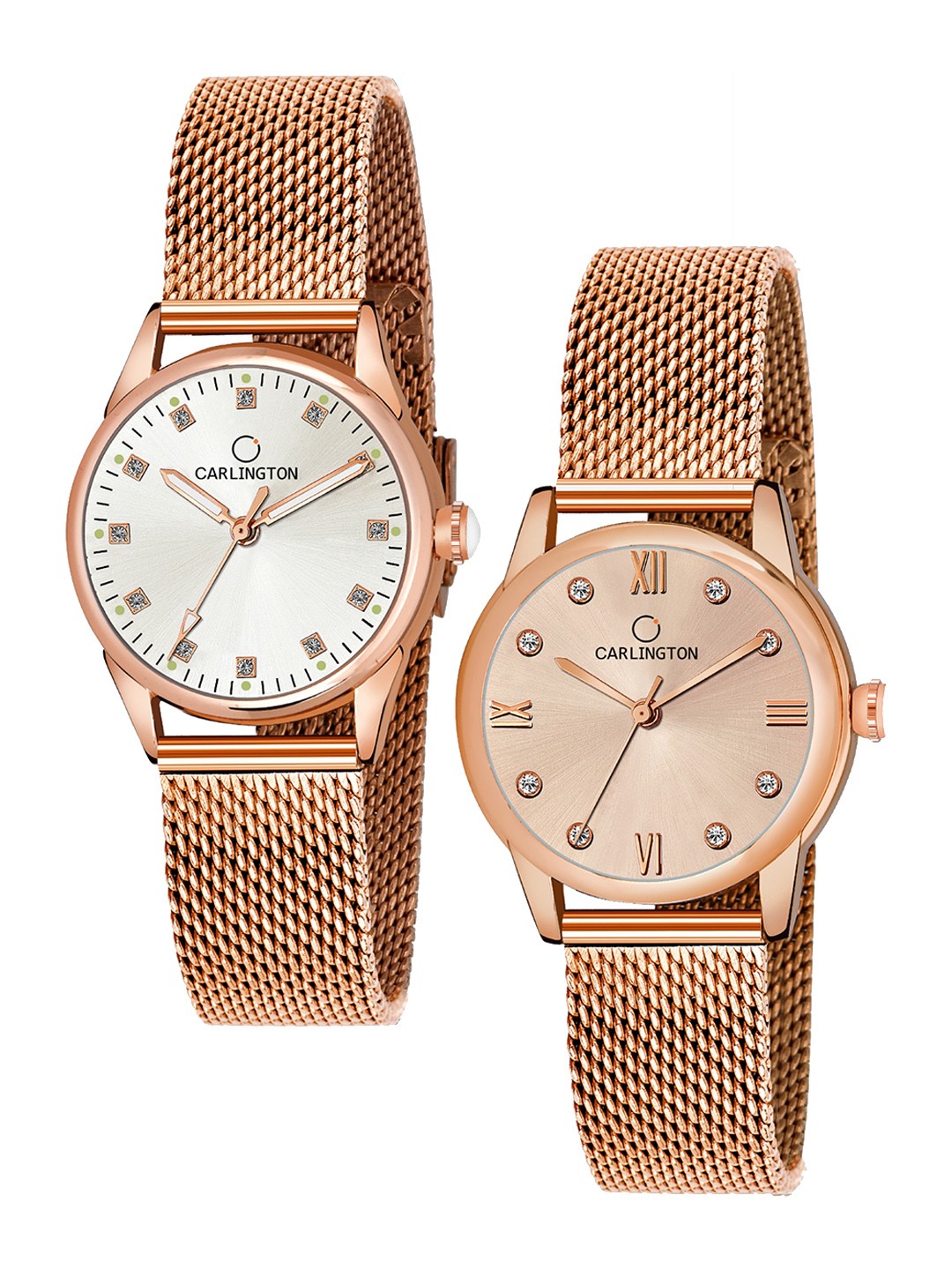 

CARLINGTON Women Pack Of 2 Bracelet Style Straps Analogue Watch, Rose gold