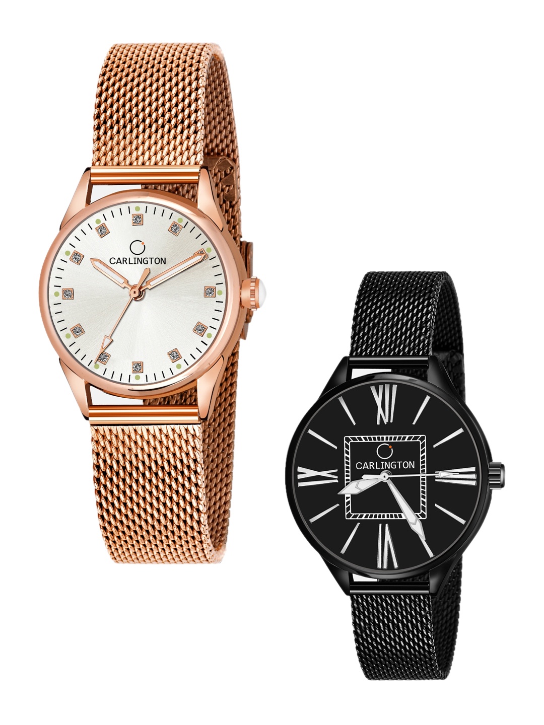 

CARLINGTON Women Pack Of 2 Bracelet Style Straps Analogue Watch, Rose gold