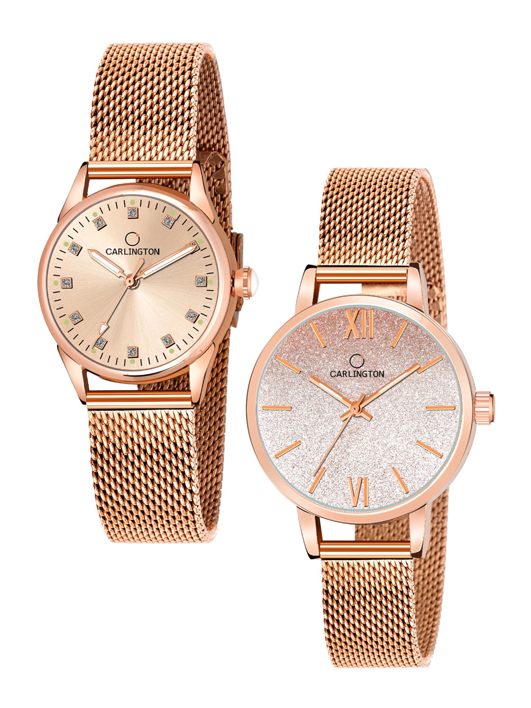 

CARLINGTON Women Pack Of 2 Bracelet Style Straps Analogue Watch, Rose gold