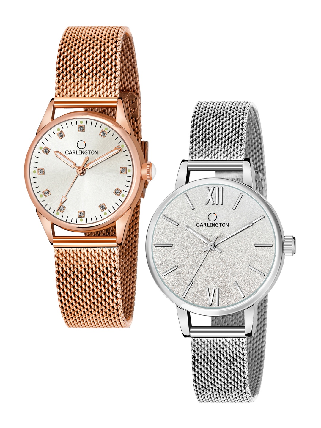 

CARLINGTON Women Pack Of 2 Bracelet Style Straps Analogue Watch, Rose gold