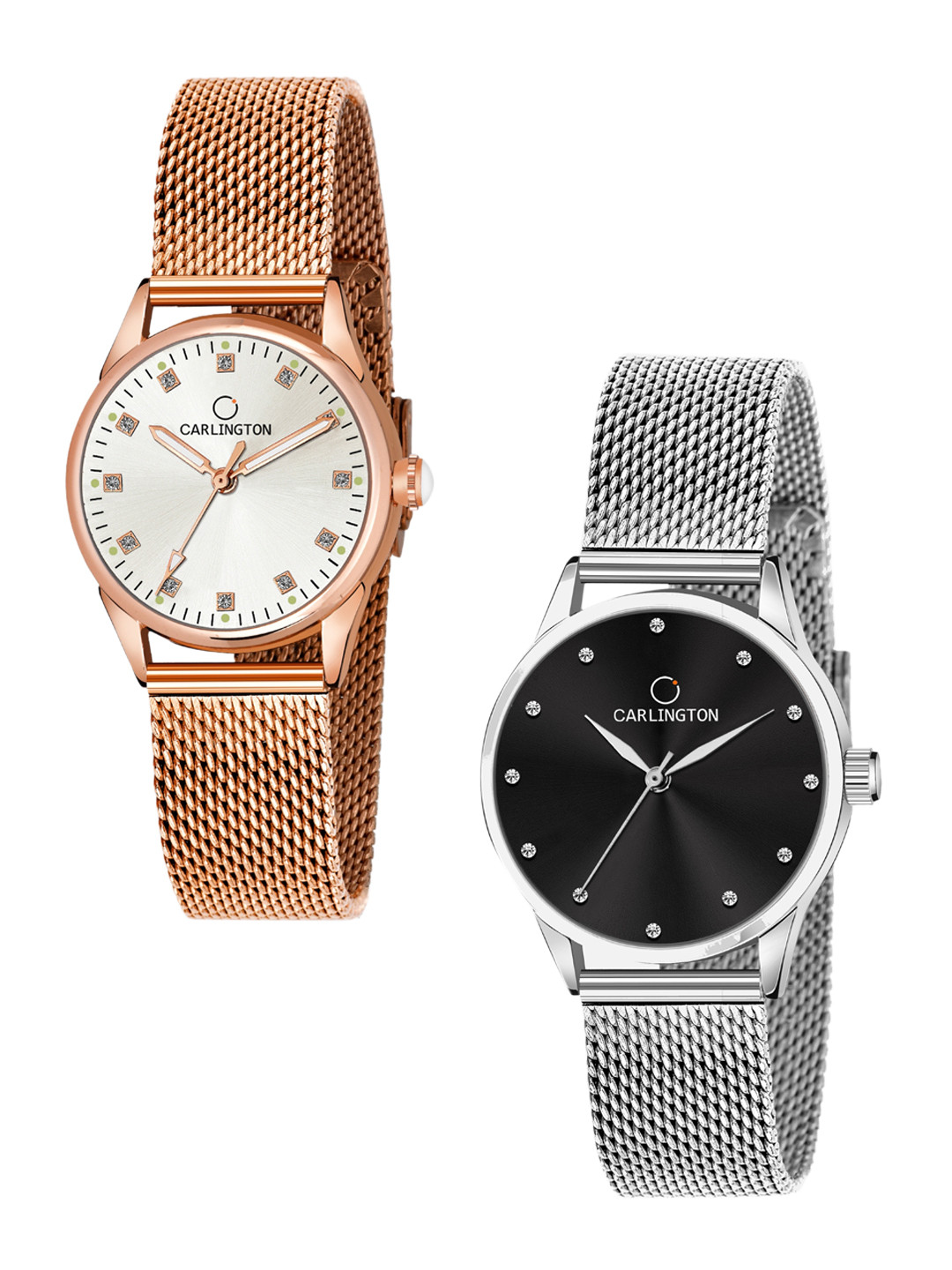 

CARLINGTON Women Pack Of 2 Bracelet Style Straps Analogue Watch, Rose gold