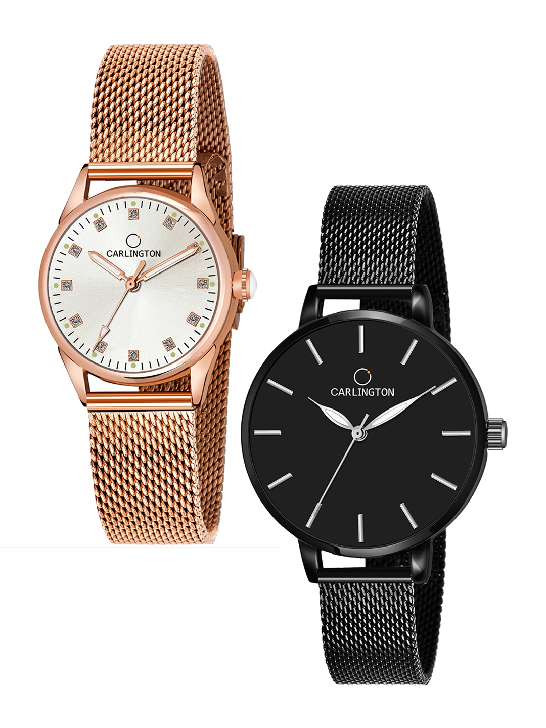 

CARLINGTON Women Pack Of 2 Bracelet Style Straps Analogue Watch, Rose gold