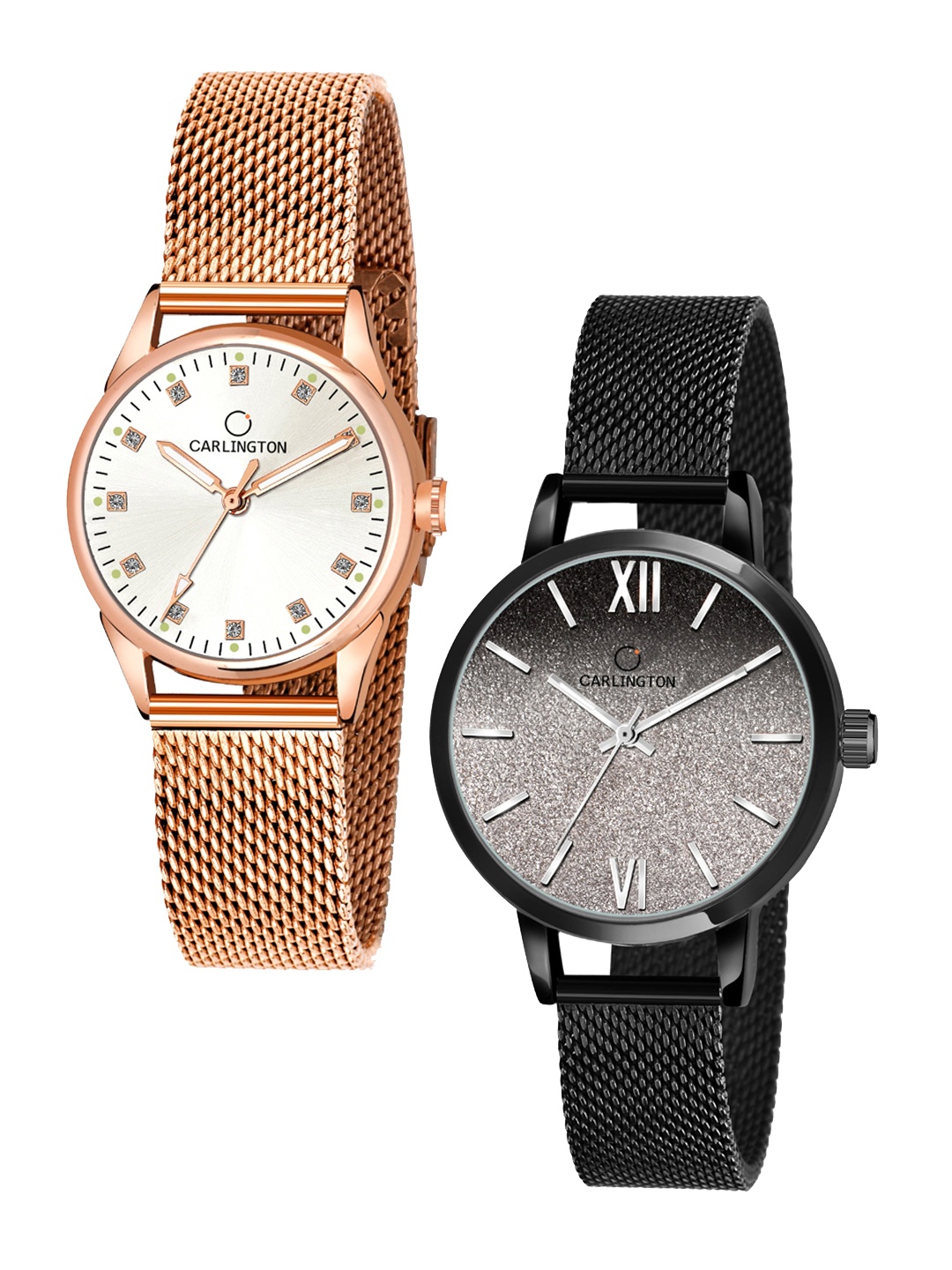 

CARLINGTON Women Pack Of 2 Bracelet Style Straps Analogue Watch, Rose gold