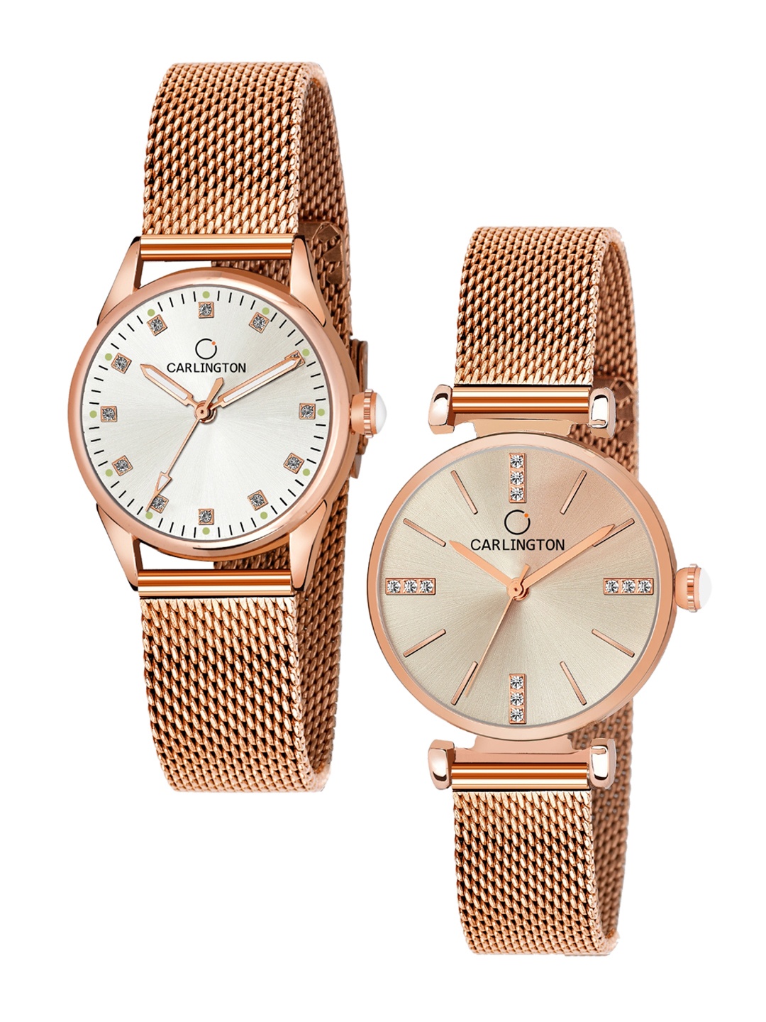 

CARLINGTON Women Pack Of 2 Bracelet Style Straps Analogue Watch, Rose gold