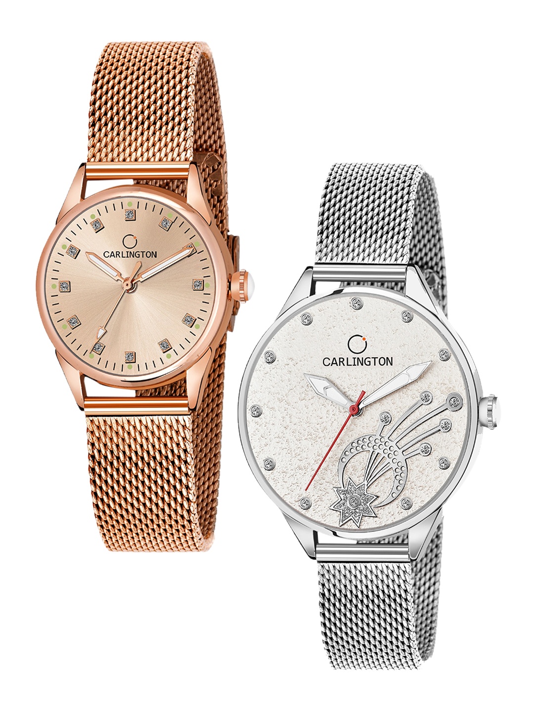 

CARLINGTON Women Pack of 2 Rose Gold Toned Stainless Steel Bracelet Style Straps Watches