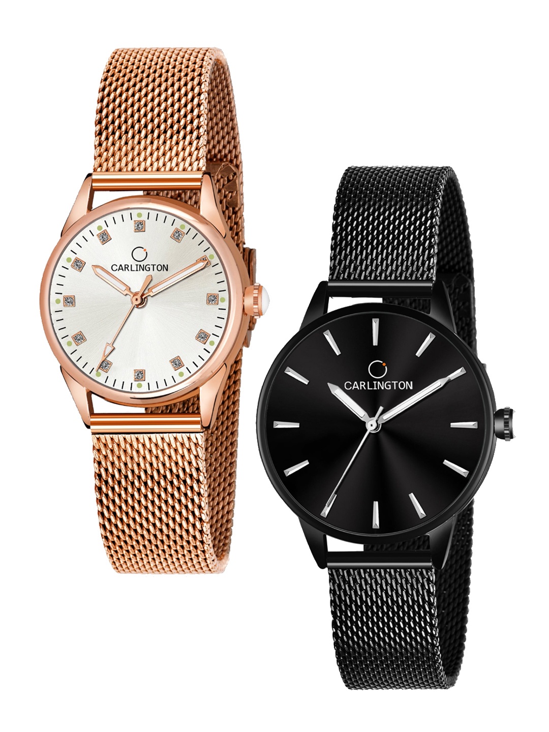 

CARLINGTON Women Set Of 2 Multicoloured Embellished Dial & Stainless Steel Bracelet Straps Watch CT2003 RoseWhite-CT2007 Black, Multi