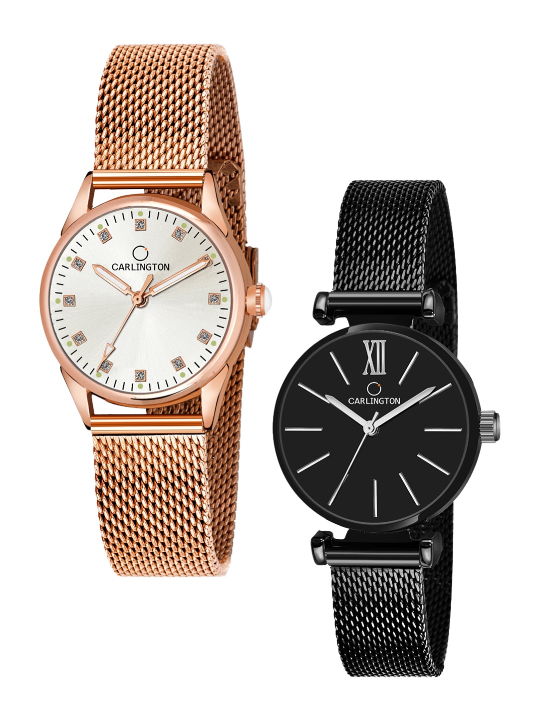 

CARLINGTON Women Set Of 2 Rose Gold Toned Analogue Watch CT2003 RoseWhite-CT2016 Black