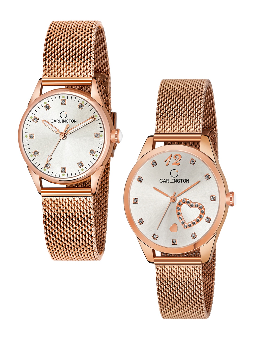 

CARLINGTON Women Pack of 2 Rose Gold Toned Stainless Steel Bracelet Style Straps Watches