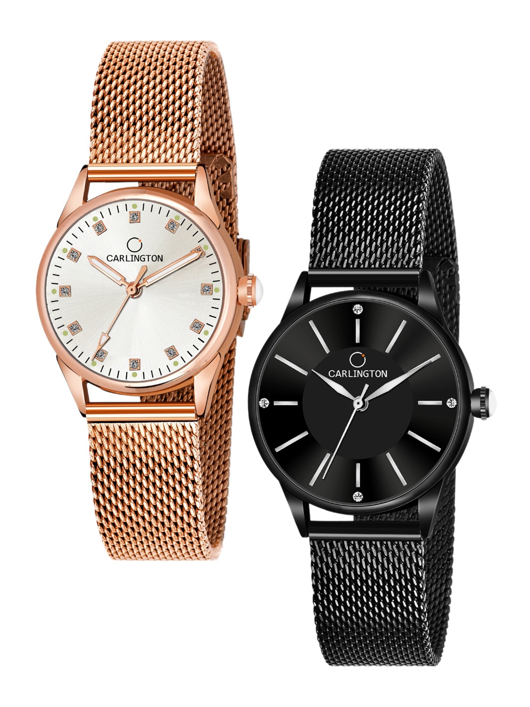 

CARLINGTON Women Set Of 2 Multicoloured Embellished Dial & Stainless Steel Bracelet Straps Watch CT2003 RoseWhite-CT2004 Black, Multi