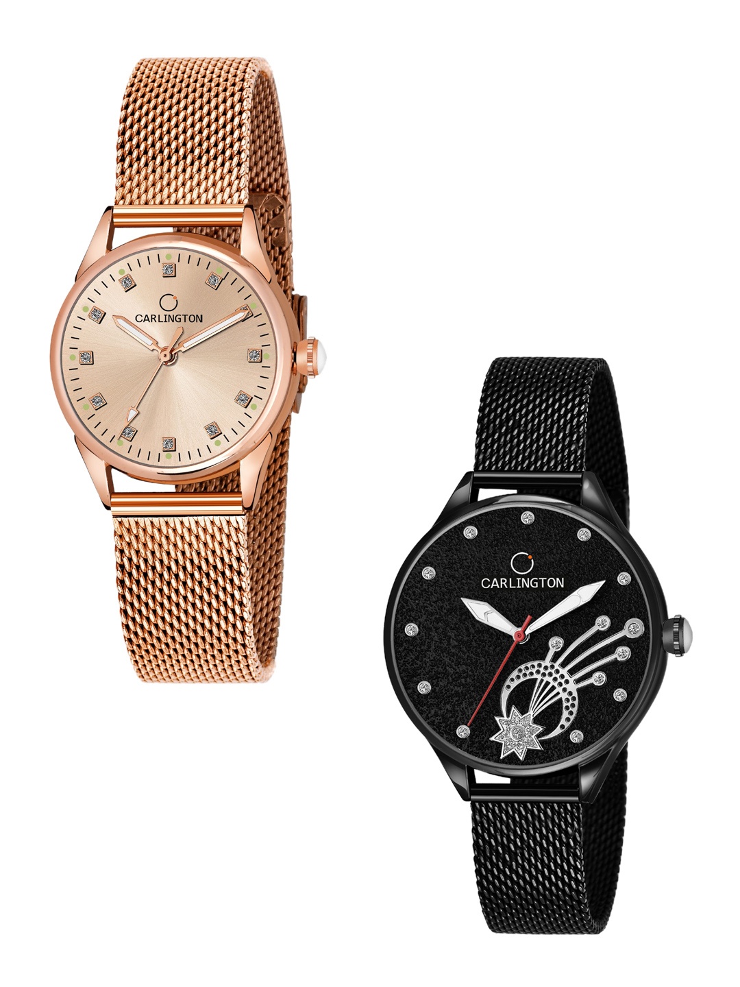 

CARLINGTON Women Set of 2 Analogue Watch CT2003 RoseGold-CT2020 Black, Rose gold
