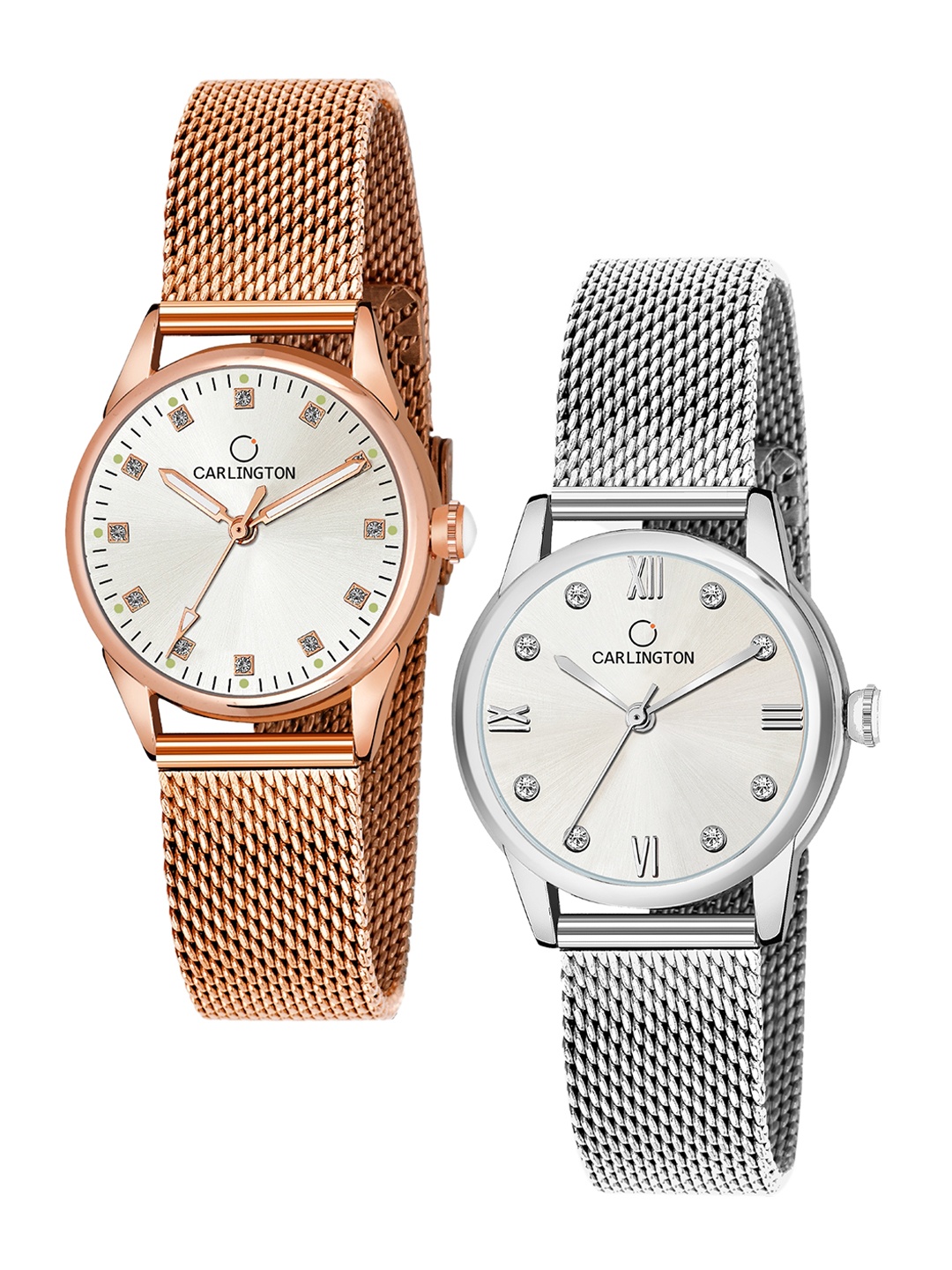 

CARLINGTON Women Set of 2 Analogue Watch CT2003 RoseWhite-CT2005 Silver, Rose gold