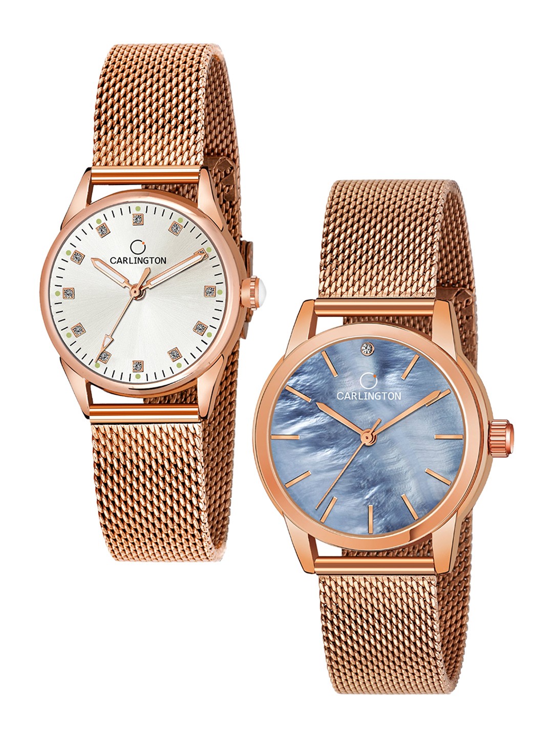 

CARLINGTON Women Set Of 2 Multicoloured Embellished Dial & Stainless Steel Bracelet Straps Watch CT2003 RoseWhite-CT2010 RoseBlue, Multi